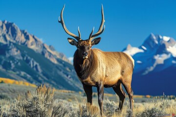 Fototapeta premium Elk in Majestic Mountain Landscape. Stunning wildlife photography of an elk in its natural habitat surrounded by mountains. This serene and captivating image is fitting for nature and outdoorsy themes