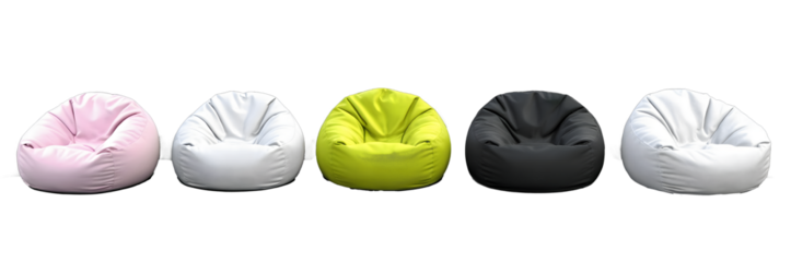 High-resolution image featuring five bean bag chairs in a variety of colors including red, white, black, green, and blue isolated in transparent background.