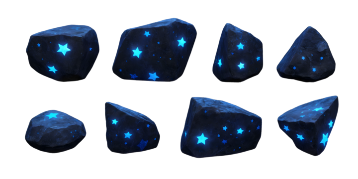 A high-resolution image showcasing a collection of eight black rock stones, each embedded with glowing blue star patterns isolated in transparent background.