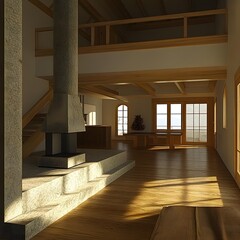 Obraz premium Modern Home Interior Design with Fireplace and Wooden Beams