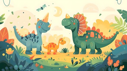 Cute Cartoon Dinosaurs with a Yellow Background