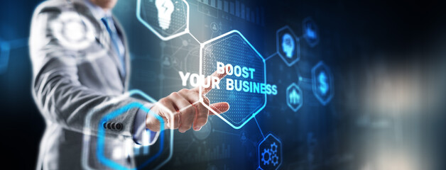 Fototapeta premium Boost Your Business 2024. Businessman touching finger virtual screen