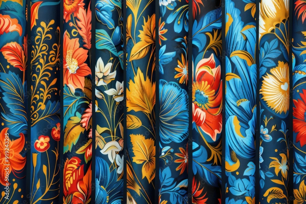 Poster A bundle of colorful fabrics with flower patterns, ideal for craft projects or design inspiration