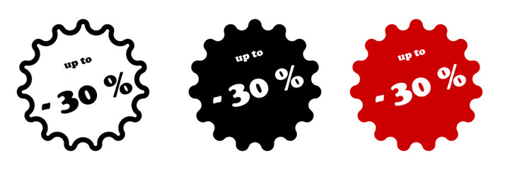 Up to 30 percent off Sale. sticker badge with offer. Discount offer price sign. Special offer symbol. Save 30 percentages. Paper label banner. Discount tag adhesive tag. Vector