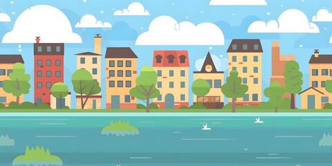 Cartoon Cityscape with River and Buildings