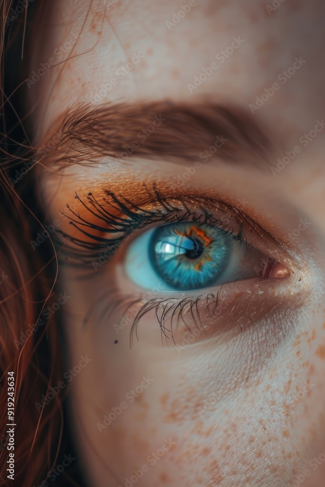 Poster a detailed view of an individual's eye featuring freckles, perfect for use in personal or editorial 