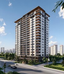 Obraz premium Modern Residential Building Exterior Design With Balcony And Trees