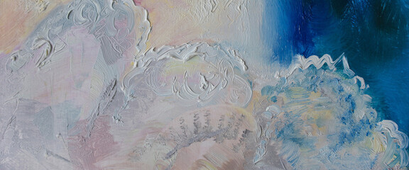 Abstract original painting textured background. Hand painted brush strokes lace cloud cover and turquoise blue breeze. Early morning sea wave effect.