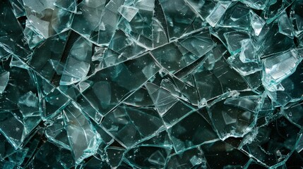 Fractured glass pieces scattered on a dark surface, capturing light reflections in detail