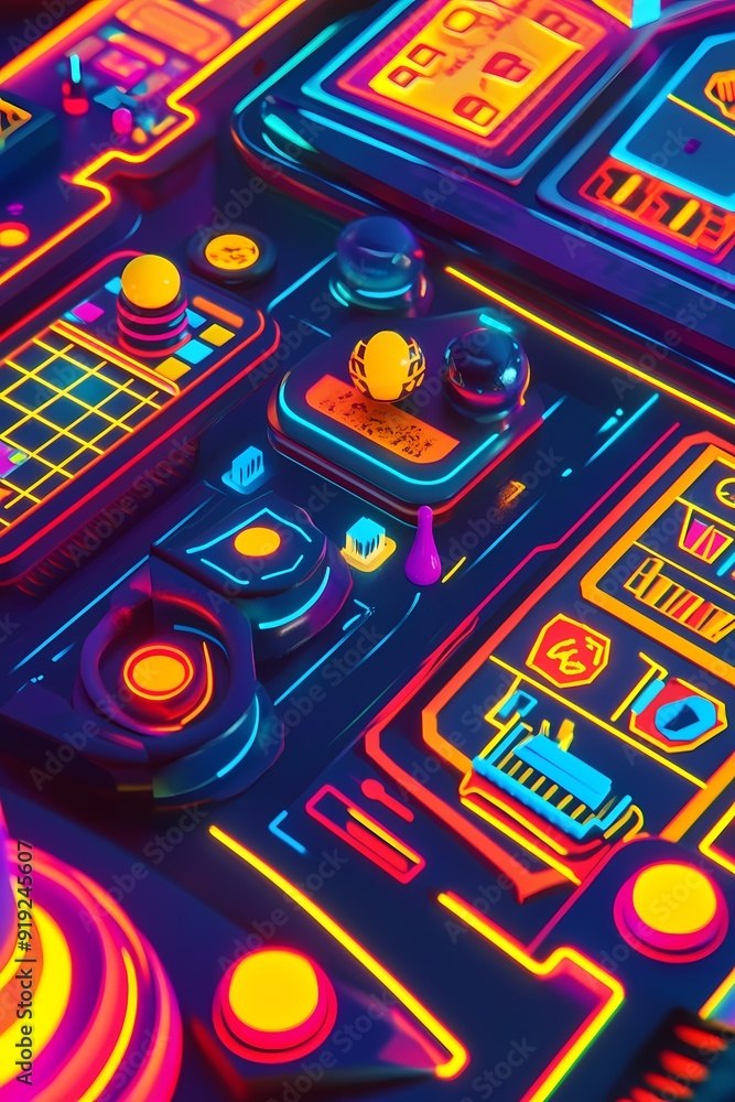 Poster futuristic interface with neon glowing lines and buttons.