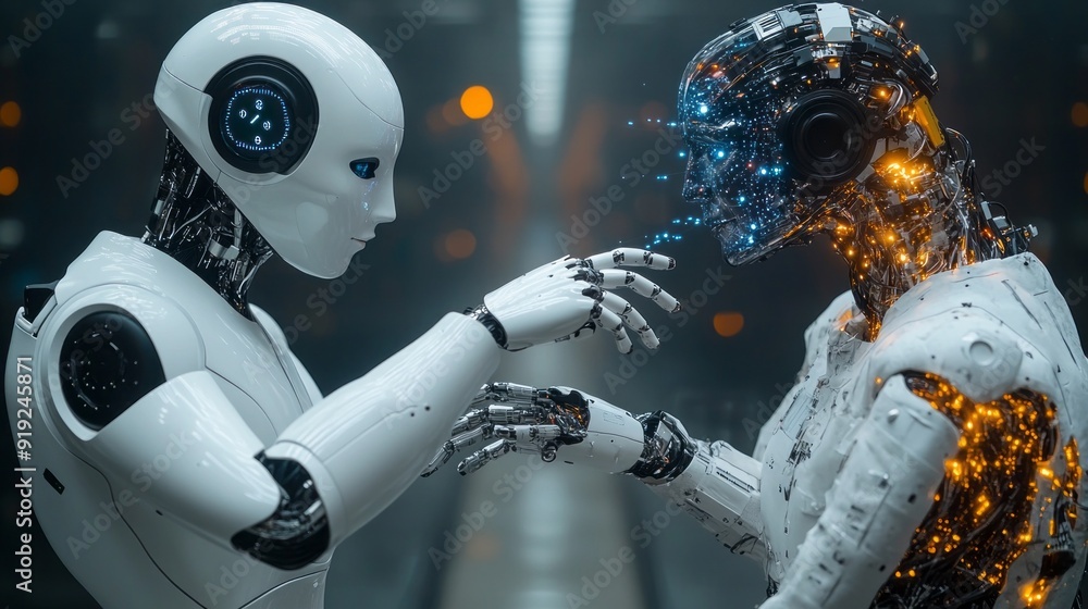 Poster Two robots are touching each other's hands