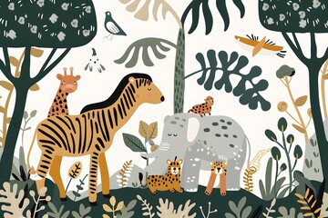 Cute Animals Illustration in Jungle with Zebra Giraffe Elephant and Leopard