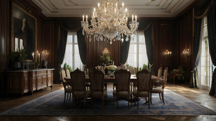 Fototapeta premium Elegant Dining Room Interior with a Stylish Dining Table: Creating a Warm and Inviting Space for Gatherings