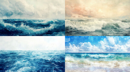 Watercolor stippling, soft pastels of seascapes, seamless transitions, creating a calming and serene effect
