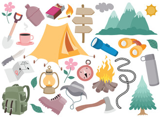 Summer camp vector set cute cartoon style elements.