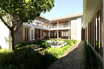 Modern Courtyard Design with a Small Pond