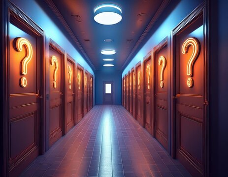 A hallway with multiple doors, each marked with a question mark