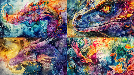 Watercolor stippling, vibrant colors of fantasy creatures, creating a lively and magical background