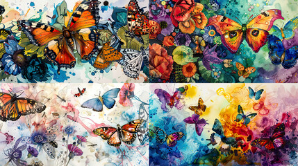 Watercolor stippling, vibrant colors of insects and butterflies, creating a lively and detailed background