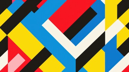 Bold geometric patterns create a lively abstract artwork with vivid colors and shapes