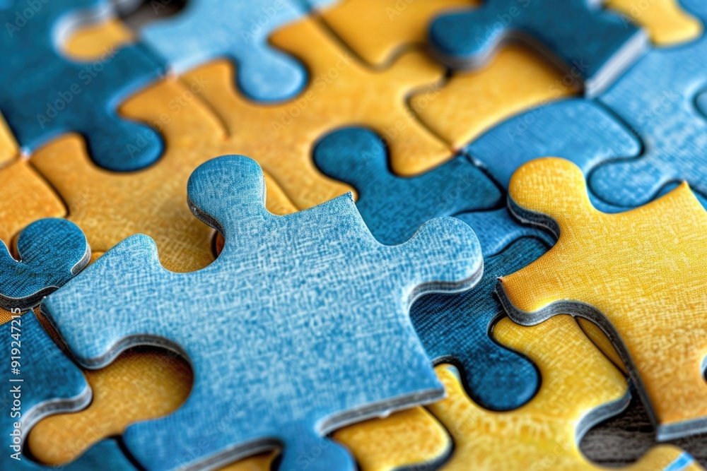 Poster a close-up view of a puzzle piece sitting on a table, ready to be used