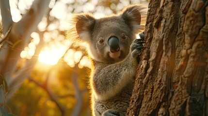 Obraz premium A cute koala perched on a tree, basking in the warm glow of the sunset, showcasing nature's beauty and wildlife.