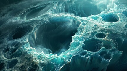 Abstract underwater landscape with circular formations and turquoise hues