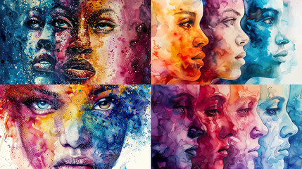 Watercolor stippling, vibrant tones of human faces, creating a dynamic and striking background