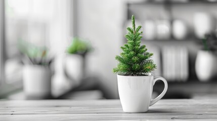 A small green plant in a white cup, adding a touch of nature to a modern indoor space.