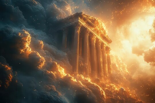 mythical olympus scene diverse god pantheon swirling clouds golden architecture divine auras epic scale ethereal lighting celestial details