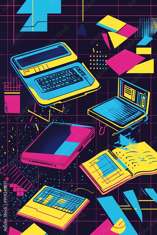 Poster retro computers, laptops, and notebook on abstract colorful background.