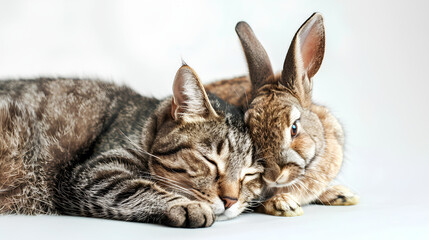 cute cat and rabbit with the same fur color
