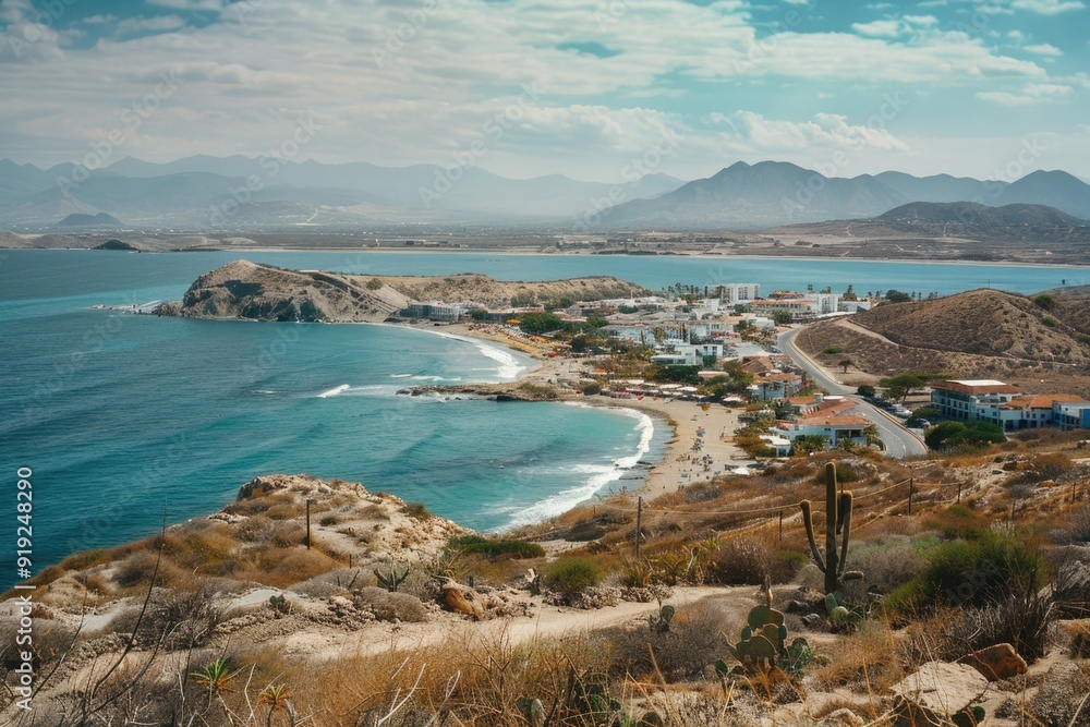 Poster a panoramic view of a beach and city skyline from the top of a hill, perfect for travel or architect