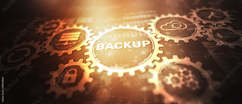 Aufkleber backup storage data technology business concept. software hardware infrastructure