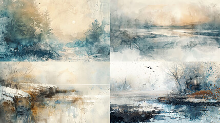 Watercolor washed-out texture on weathered landscapes, muted tones, and tranquil natural scenes 
