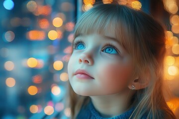 nostalgic scene of wideeyed little girl peering into magical toy shop window soft focus background of twinkling lights and colorful displays reflection of wonder on her face