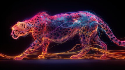 Electric Cheetah - Dynamic Neon Artwork of a Crouching Cheetah in Vibrant Colors on Black Background