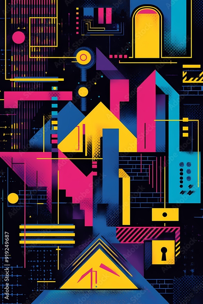 Poster Abstract geometric pattern with bright colors and shapes on a dark background.