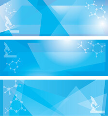 light blue backgrounds. Banners with molecules, microscope. Vector set