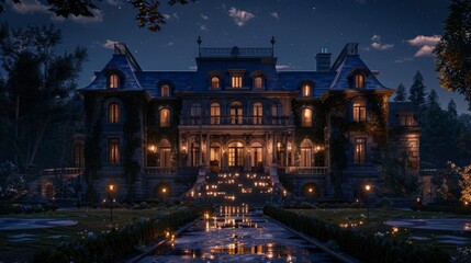Illuminated historic mansion surrounded by gardens at night