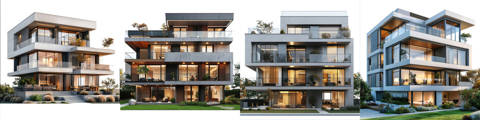 Fototapeta premium Triplex house - A modern triplex house with three distinct units - Each unit has large windows, balconies, and a unique facade - The building features clean lines and contemporary architecture - Surro