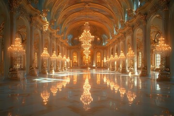 opulent ballroom scene with shimmering gold decorations crystal chandeliers and a mesmerizing light display reflecting off polished marble floors