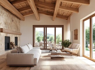 Modern Minimalist Living Room Design With Wooden Beams And Natural Light