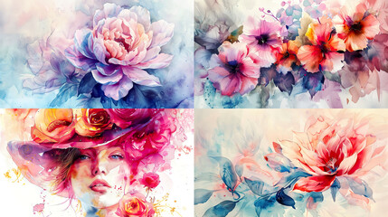 Watercolor wet-on-dry, elegant vintage designs with smooth color transitions and delicate brushstrokes, capturing the intricacies of retro art