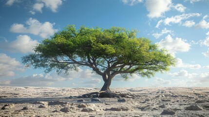Fototapeta premium Lush green tree standing alone on a sandy landscape under a bright blue sky