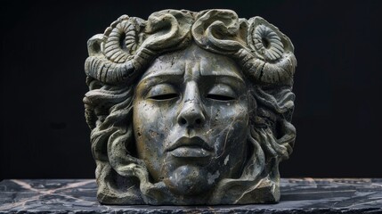 Obraz premium Ancient stone sculpture of a woman with ram horns displayed on a black marble pedestal