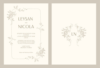 Wedding invitation card template. Roses frame and monogram frame.