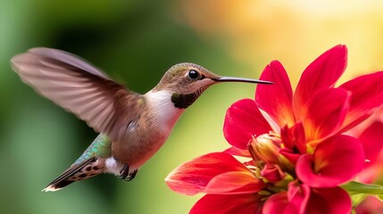 Fototapeta premium A close-up of a hummingbird hovering near a bright red flower, with its wings a blur and the vibrant colors of the petals in sharp focus