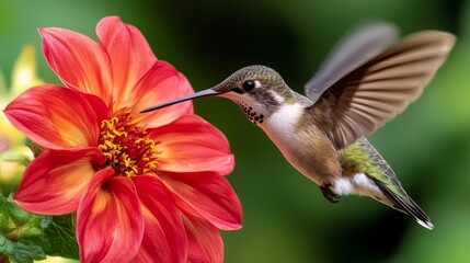 Fototapeta premium A close-up of a hummingbird hovering near a bright red flower, with its wings a blur and the vibrant colors of the petals in sharp focus