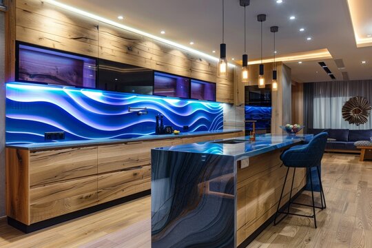 Modern Kitchen with Blue Backsplash and Island